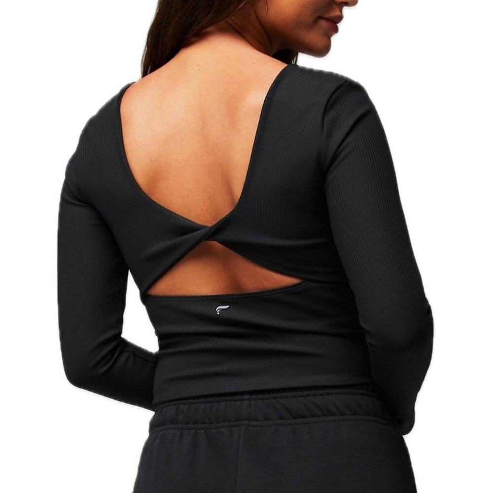 Women's Fabletics Black Padded Crop Crewneck Oasis Rib Twist Long Sleeve Top